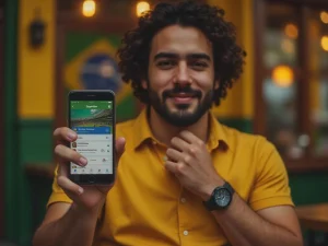 Apostador brasileiro usando o aplicativo Superbet para fazer apostas esportivas.