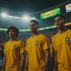 Campanha da Superbet Brasil 2025 com Cafu, Thiago Silva e Hortência em estádio colorido com torcida animada e tema verde-amarelo