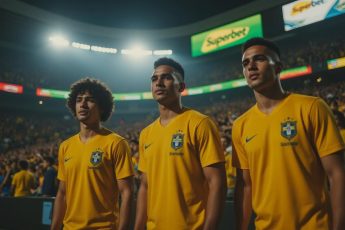 Campanha da Superbet Brasil 2025 com Cafu, Thiago Silva e Hortência em estádio colorido com torcida animada e tema verde-amarelo