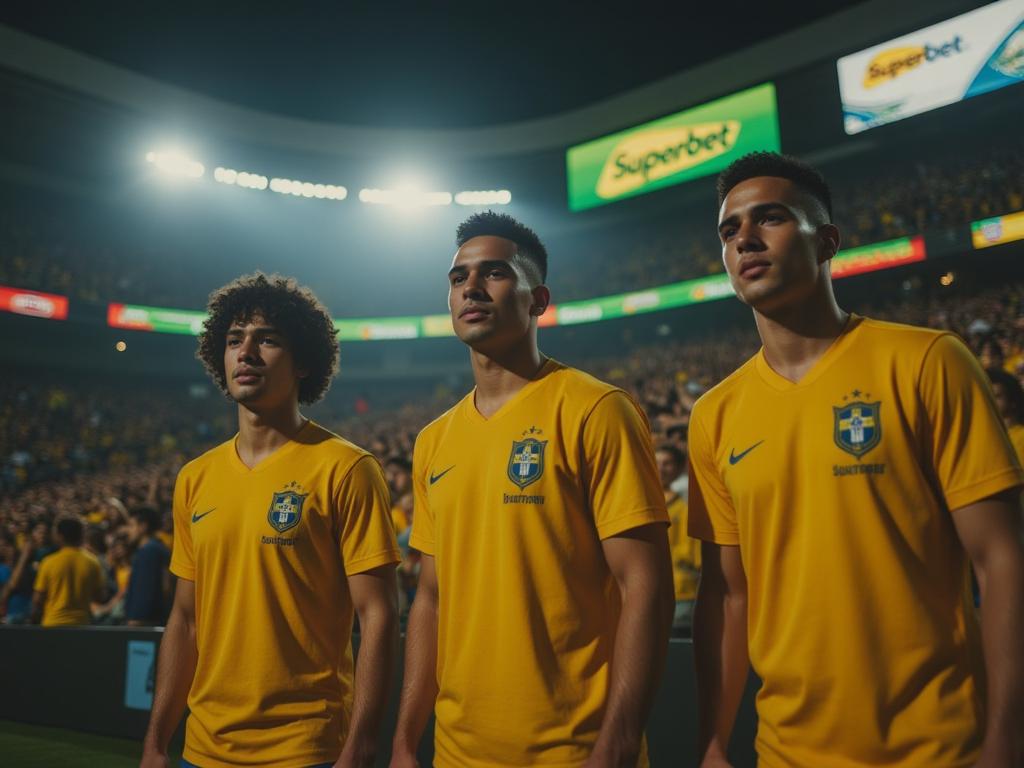 Campanha da Superbet Brasil 2025 com Cafu, Thiago Silva e Hortência em estádio colorido com torcida animada e tema verde-amarelo